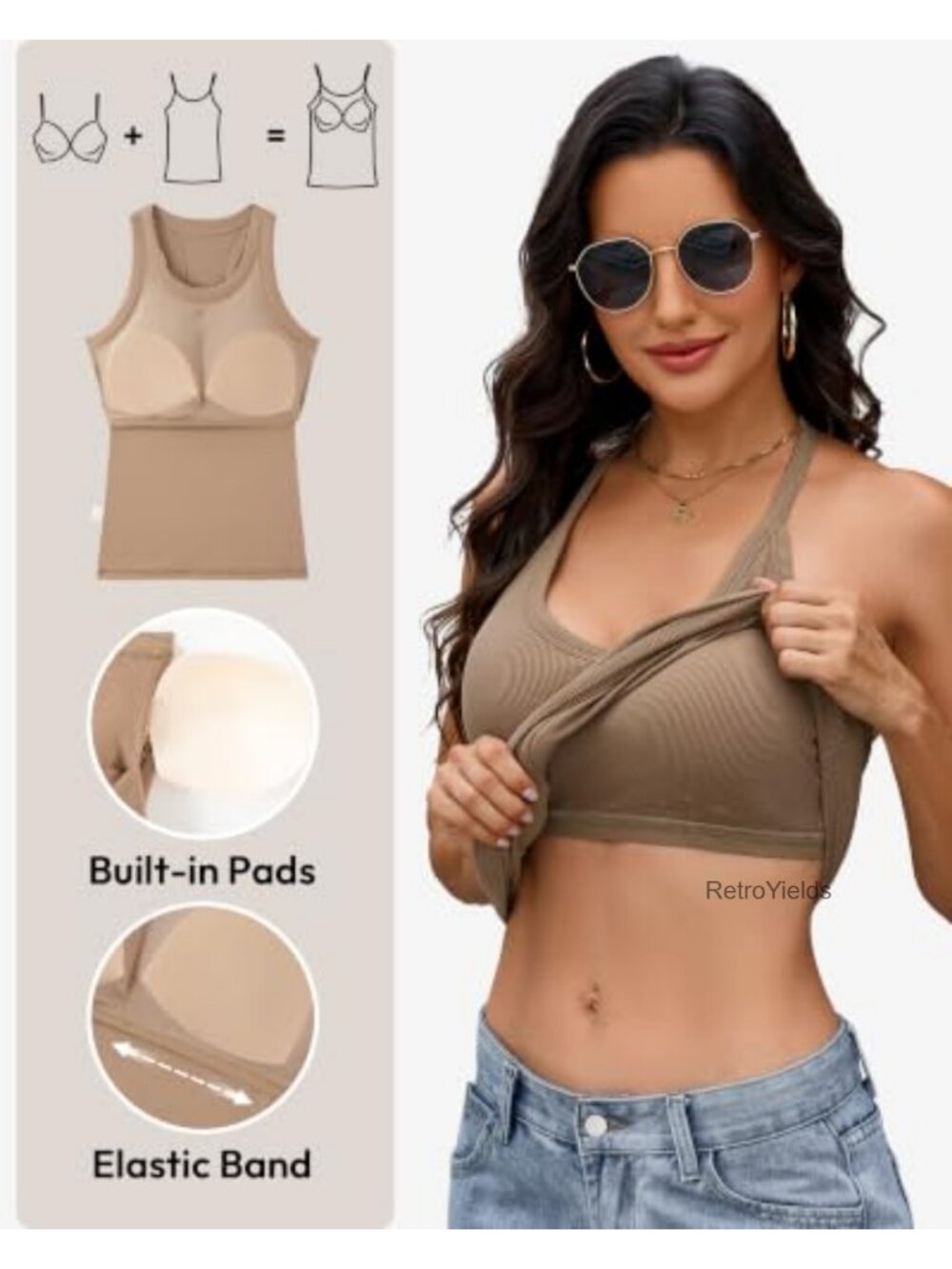 3 Pack Ribbed Racerback Tank Tops Built in Bra Removable Pads - Picture 4 of 6